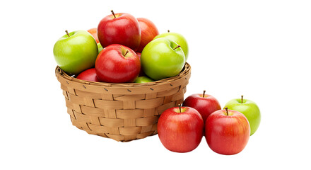 A bountiful harvest of fresh mixed red and green apples in a traditional wicker basket isolated on white