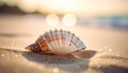 Seashell resting on sandy beach during golden hour sunset with soft bokeh light and ocean waves in background