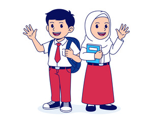 Cartoon illustration of a boy and a muslim girl wearing Indonesian elementary school uniforms