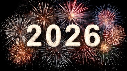 Sparkling fireworks sky background with bold shining &ldquo;2026&rdquo; numbers in the center
