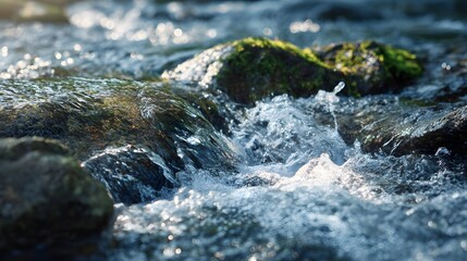 Sunlight sparkles on clear water flowing over mossy rocks.