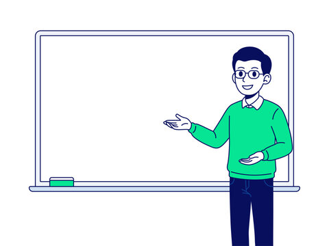 Cartoon illustration of a male teacher explaining a lesson in front of a blank whiteboard