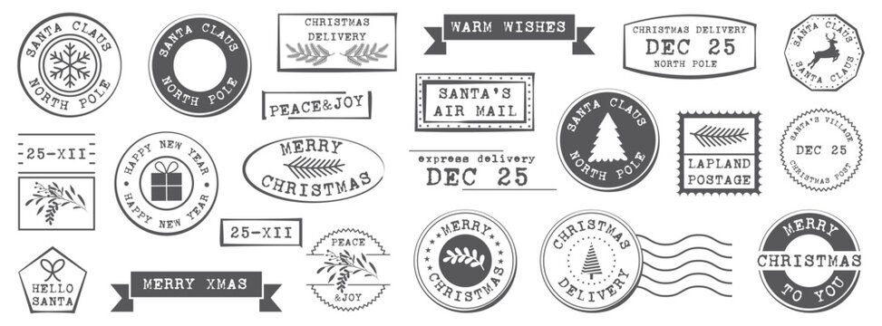 Christmas postmark and mail stamp collection in vintage monochrome. Various postal marks with north pole, santa, and delivery dates. Suitable for retro card design and holiday decoration