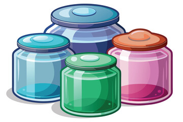 Four colorful cartoon jars in blue, green, and pink stand close to each other