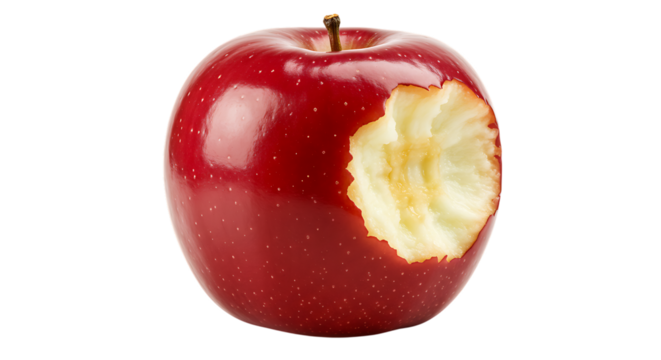 Deliciously crisp red apple with a bite removed, showcasing its fresh, juicy interior, perfect for healthy snacks