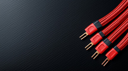 Red electrical cables with connectors on black textured background  