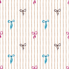 Modern striped seamless pattern. Thin vertical brown watercolor stripes and multicolored bows. Simple and straightforward print for pillows, tablecloths and other fabrics