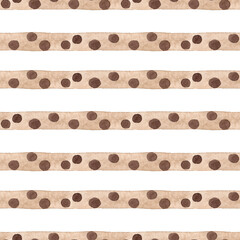 Seamless striped pattern. Light brown watercolor stripes with dark brown dots. Polka dot ribbons. A simple and uncomplicated print for pillows, tablecloths and other fabrics. Modern style