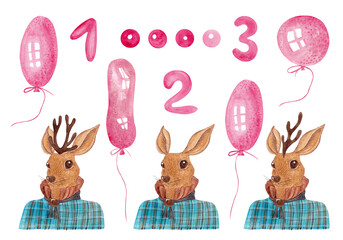 Portrait of a deer in a checkered shirt with a puffy collar. An animal with or without horns. Set with pink numbers 1, 2, 3 and balloons. Isolated watercolor illustrations