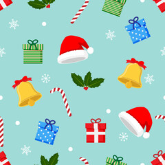 Festive Seamless Pattern with Christmas designs, Santa hat, candy cane holly and gifts on a repeating background