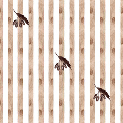 Modern striped seamless pattern. Thin vertical brown watercolor stripe and berry branches. Simple and uncomplicated print for pillows, tablecloths and other fabrics