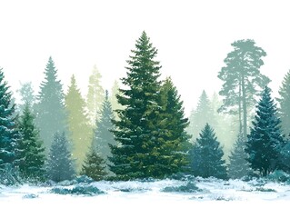 Fototapeta premium Majestic evergreens create a serene winter landscape with snow-covered ground and a soft, ethereal light filte through the trees.