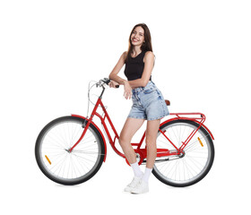Smiling woman with red bicycle on white background