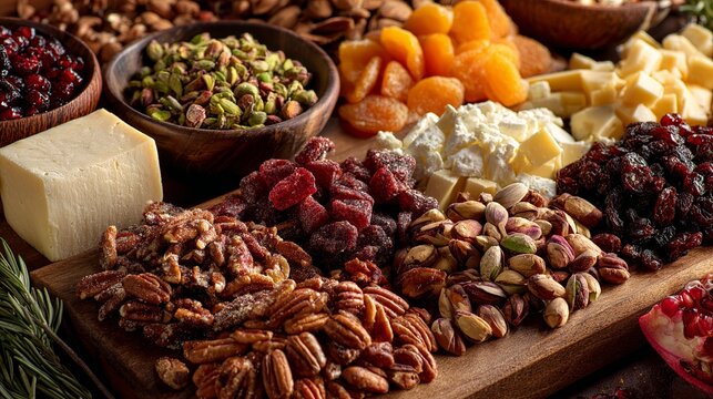 Artisanal cheese and nut board with dried fruit offers a delicious and inviting snack option perfect for sophisticated gatherings