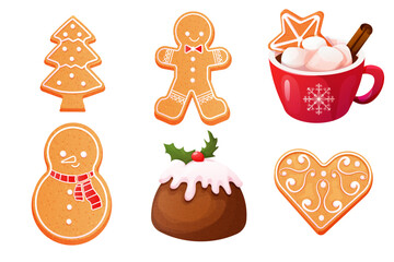Gingerbread set cute snowman, man, mug with hot beverage, house and tree with icing decoration, seasonal dessert, cookies isolated on white background.