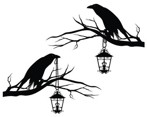 mysterious raven bird sitting on bare tree branch holding hanging on chain antique style lamp - fantasy enchanted forest vector design set