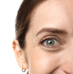 Fototapeta premium Woman with beautiful eyes on white background, closeup