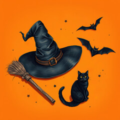 A witch's hat, a broomstick, a black cat, and two bats, referring to a missed witch,  dramatic black color on a orange background