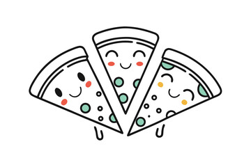 Three adorable pizza slices smile with toppings and cute little legs on plain white