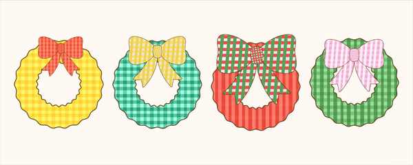 Set of Pastel Coquette Christmas Decorative Ornaments and candy, Doodle Hand Drawn, Vintage paper fabric Bows Seamless Pattern. Retro Decorative Tied Knots and Ribbons with polka dot. Holiday wrapping