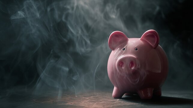 Protect your savings now with strategic investments, a pink piggy bank surrounded by smoke signals a time to act wisely for future financial security