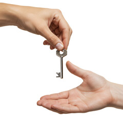 Human hands transferring a silver key, top hand giving, bottom hand receiving, transparent