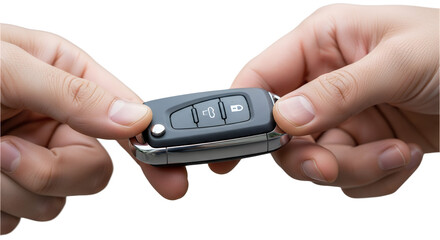 macro close-up of fingers passing modern key, transparent background