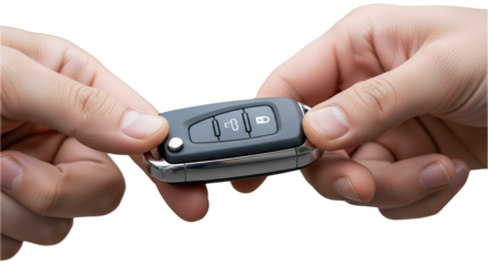 macro close-up of fingers passing modern key, transparent background