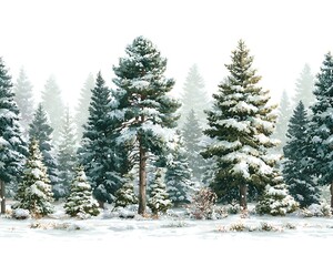 Fototapeta premium A picturesque winter forest scene depicts snow covered pine trees with a white background creating a serene and peaceful outdoor landscape.