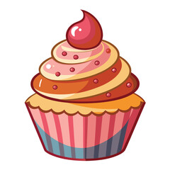 Topped with pink candy, a single cartoon cupcake stands appetizingly against a stark white backdrop