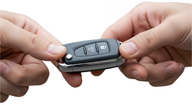 macro close-up of fingers passing modern key, transparent background