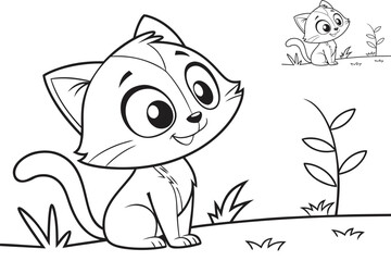 Cute Cartoon Cat Sitting and Smiling Simple Black and White