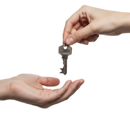 professional studio shot, two hands in motion giving a key, transparent