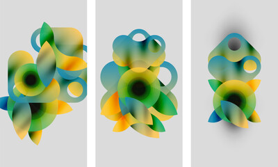 Naklejka na ściany i meble Abstract artwork. Three panels display overlapping colorful shapes, gradients, soft hues. Modern design, minimalist aesthetic. Naklejka na ściany i meble Abstract artwork. Three panels display overlapping colorful shapes, gradients, soft hues. Modern design, minimalist aesthetic.