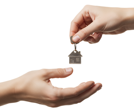 realistic hand gesture passing new home key, sharp focus on key and hands, transparent