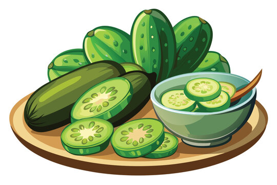 Fresh tindora vegetables rest on a wooden platter with slices arranged in a bowl