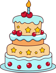 Cute Two-Tier Cartoon Birthday Cake with Cherries, Stars, and Candle – Pastel Flat Vector Illustration