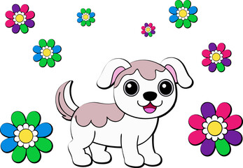 Cute Puppy with Rainbow and Flowers Coloring Page