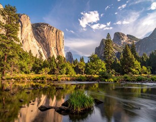 Majestic granite cliffs rise above a serene river reflecting the sky and surrounding evergreen trees