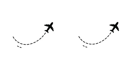 Two airplanes flying along curved dashed paths in a white background