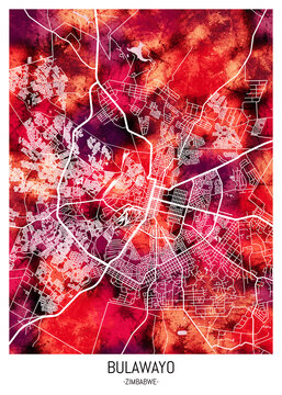 Bulawayo Zimbabwe City Downtown Street Map. City background abstract printable travel banner, modern watercolor, abstract paint urban background