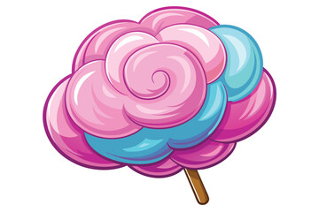Cartoon style cotton candy features pink and blue swirls attached to a stick