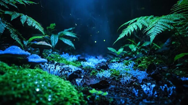 Enchanting bioluminescent forest floor with glowing mushrooms and dewdrops at night