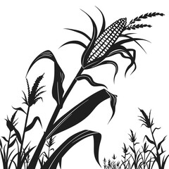 Black silhouette showcases a corn stalk with ripe ear and leafy foliage isolated against white © Kanica