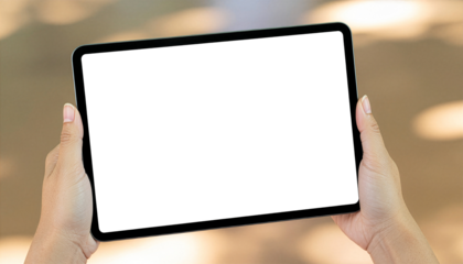 Woman Holding Tablet Horizontally with Transparent Screen, Perfect Nails, Ultra-Realistic Hands, Natural Light, High Resolution