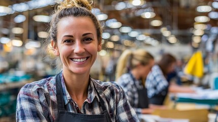 Confident artisan woman smiling warmly, proud of her craft in a busy workshop setting