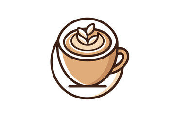 An isolated cappuccino cup with leaf art sitting atop a matching saucer illustration