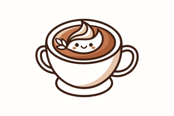 Smiling coffee cup filled with whipped cream and brown liquid in a cute style