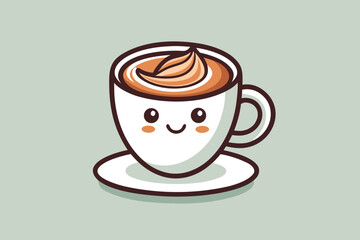 A cute white coffee cup with creamy coffee smiles on a saucer