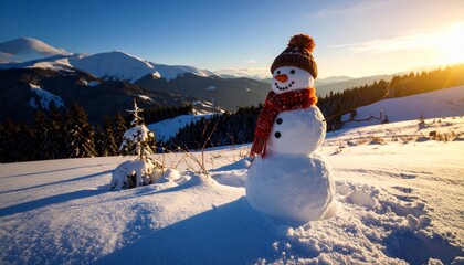 Obraz premium Little snowman in a cap and a scarf on snow in the winter